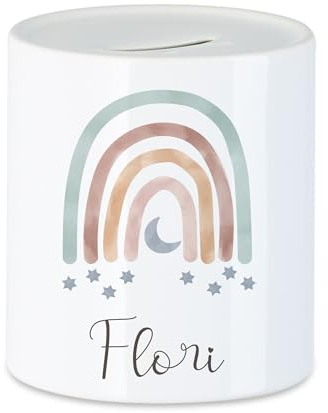 Manufaktur Liebevoll Spardose Kinder Regenbogen Kinderspardose Jungen Personalisierte Spardose Kinder Spardose mit Name Spardose Keramik (Motiv Flori)