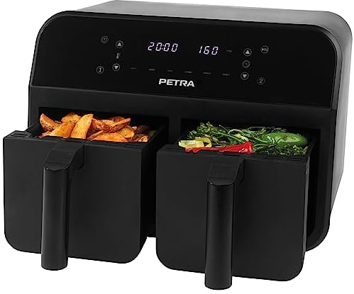 Petra PT4750BLKVDE - Friggitrice ad aria da 7,4 l, doppio cestello rimovibile, funzioni di cottura Sync e Match, 2 vassoi XL per cottura indipendente, display LED digitale, 6 programmi, 2400 W.