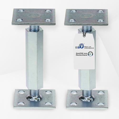 Pfostenträger höhenverstellbar (2 Stück) Boden/ Trägerplatte 80 x 80 x 5 mm Stützenfuß Stützfuß Bodenfuß Betonfuß mit Gewindemuffe verstellbar, Rechts-Linksgewinde