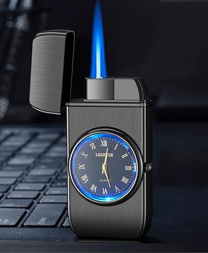 Luxus Feuerzeug aus Metall in schwarz/Gold. Mit Uhr (SCHWARZ)