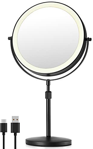 OMIRO 3X/10X Magnifying Makeup Mirror with Light, 8.5 Inches Double Sided Swivel-Free Vanity Mirror with height-adjustable stand (Black)