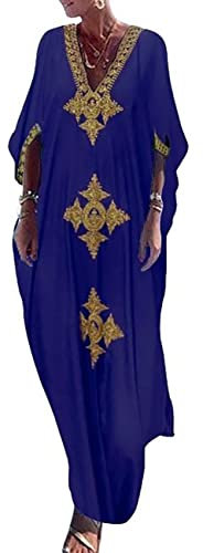 Bsubseach Gold Stickerei Lange Kaftan Kleider V Hals Kaftan Kleid Strand Cover Ups für Frauen Marineblau