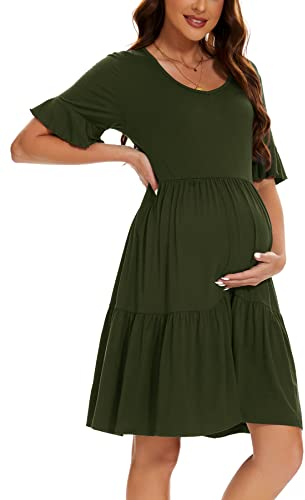 Smallshow Damen Umstandskleid Kurzarm Sommer Schwangerschafts Umstandsmode Kleid Army Green M