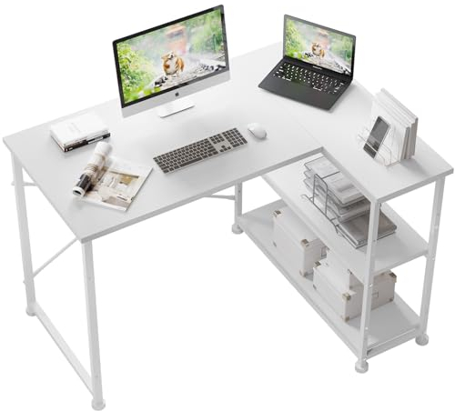 TRIUMPHKEY 100 * 80cm L Shaped Computer Desk with Reversible Large Storage Shelves, Corner Desk Computer Workstation Matching Under Desk Height Adjustable Storage, Home Office Work Table White