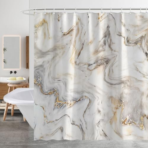 Figarge Duschvorhang Gold Marmor 180x200cm Shower Curtains Anti Schimmel Duschvorhänge Polyester Textil Wasserdicht Duschvorhang mit 12 Haken für Badewanne, Maschinenwaschbar