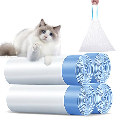 TaFoyu Katzentoilettenbeutel mit Zugbändern, Mülltüten mit Tragegriff Selbstreinigende Katzentoilette Müllbeutel,Kratzfest für Haustier Katze Hunde Hundekot Katzenstreu 4 Rollen/60Stück