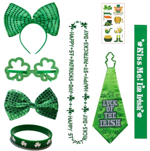 Laahoem St Patricks Day Zubehör Set Irland Party Cosplay Dekoration Requisiten Hut Kopfbedeckung Klee Stirnband Papier Gläser Irish National Carnival Green 8 Pieces