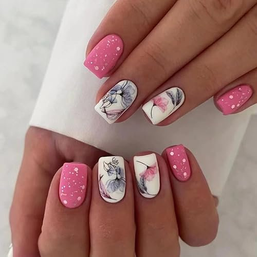 24pcs Lotus Pattern Press on Nails - Glitter Sequins, Ink Painting, Nude Pink, Removable Glue-on, Full Cover Fake Nails for Women & Brides
