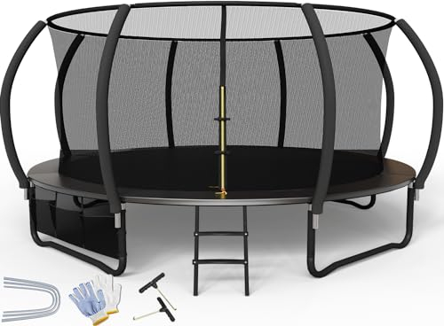 Flamaker Trampoline de Extérieur pour Enfants Ø366/427cm, Kit Complet avec Filet de sécurité, échelle, Housse de Bord, ancrage au Sol et Accessoires, Structure Stable, Charge 150 kg
