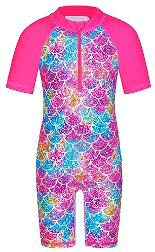HUAANIUE Filles Maillot de Bain 1 Pièce 2-12 Ans, Anti-UV UPF 50+ Manches Courtes, Fermeture Éclair Frontale, Imprimés Colorés, Idéal pour Plage et Piscine (S406-Écailles Rose Vif, 10-11 Ans)