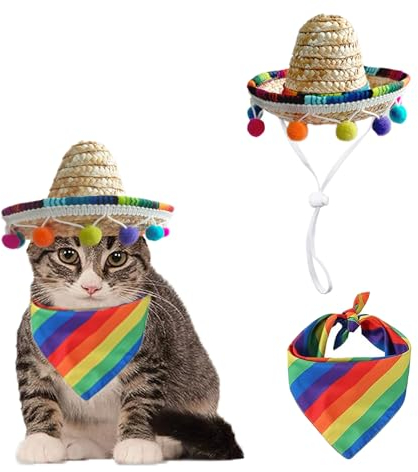 Katzen-Sombrero, Katzenhut, Bandana, Schal, Regenbogen-Schal, Haustier-Strohhut, Cinco de Mayo, Mini-Sombrero-Hut für Katzen, Welpen, kleine Hunde, Party/Geburtstag/Foto (Mehrfarbig + S)