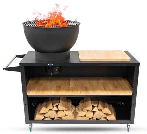 HEAT Outdoor Living Feuerkorb Trolle Schwarz- Feuerkorb für den Garten - Feuertonne & Feuerstelle - Feuerschale aus stabilem Stahl - Mit Plancha und Grill zum Kochen - 117x46x106 cm
