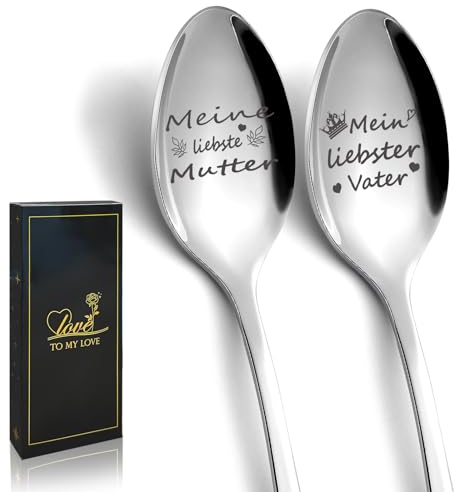 Mama und Papa Geschenke, Vatertagsgeschenke für Papa, Funnydin 2 Stücke Edelstahl Teelöffel, Kaffeelöffel mit Gravur - Mein liebster Vater, Meine liebste Mutter, Muttertagsgeschenke für Mama