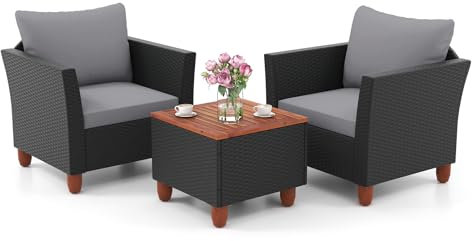 SFAREST 3 Pieces Rattan Bistro Set, Garden Furniture Set with Acacia Wood Storage Table & 4 Removable Cushions, Outdoor Wicker Conversation Table Chairs Set for Patio Poolside Balcony (Grey)
