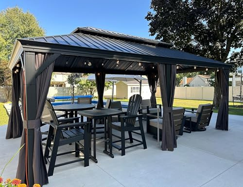 PURPLE LEAF Tonnelle de Jardin Exterieur Alu 6 x 3,65 m avec LED Hôtel Gris | Rideaux 180 g/m² et moustiquaire 260 g/m², Gouttière intégrée, Double toit rigide, Ambiance romantique, Pour 8 à 10 personnes