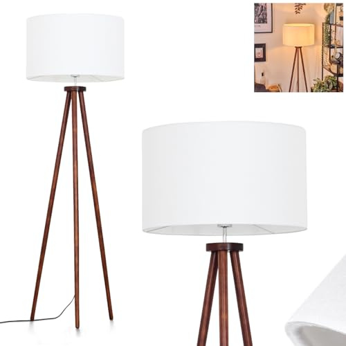 Lámpara de pie Flemming, lámpara de pie de madera/tela en marrón oscuro/blanco, lámpara de diseño escandinavo con pantalla redonda (Ø 50 cm) e interruptor de pie, altura 155 cm, 1 x E27, sin bombilla