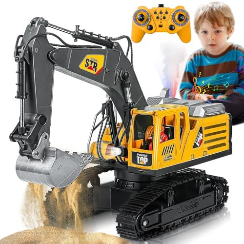 FUYLEY Giocattoli per Escavatori Telecomandati per Ragazzi, Pala in Metallo per Scavatore RC a 14 Canali 2.4Ghz con Suono Luce Spray, Giocattoli da Costruzione RC Rotazione a 680° per Ragazzi Regalo