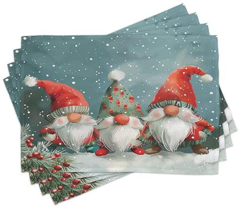 ABAKUHAUS Weihnachten Platzmatten, Weihnachts-Elfen-Wichtel-Druck, Waschbare Stoff Esszimmer Küche Tischdekorations Digitaldruck, Zinnoberrot Blau grau Grau