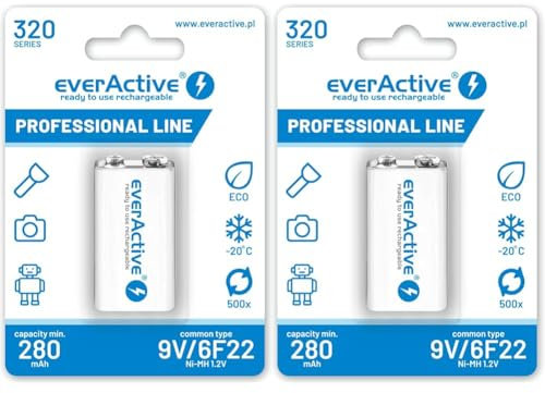 everActive Akku 9V 320 mAh, NI-MH, Block, wiederaufladbar, vorgeladen, höchster Leistung, Professional Line 6F22 HR22 8.4V, 1 Stück - 1 Blisterkarte EVHRL22-320 Weiss (Packung mit 2)