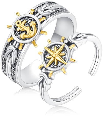 CUOKA MIRACLE Paar Ringe Set Anker Ring 925 Sterling Silber Verstellbare Partnerringe für Sie und Ihn Versprechensring Paar Valentinstags geschenke Anchor Ring Paar für Damen Frauen Ehefrau Mama