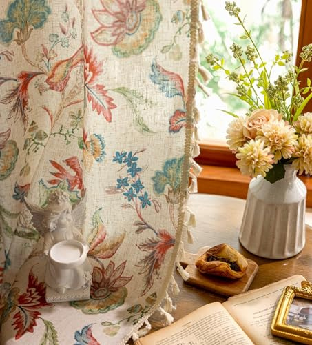 YJ YANJUN Jacobean Vorhänge mit Blumenmuster für Schlafzimmer, 2 Paneele, bunt, Boho-Leinen-Mischgewebe, Quasten-Vorhänge, Bauernhaus, Lichtfilterung, botanische Fenstervorhänge, 1 Paar, Frühling