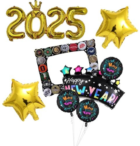 8 Stück 2025 Neujahr Deko Set, Neujahrsparty Folienballon, Silvester Deko, Happy New Year Helium Ballons, Schwarz Gold Luftballons für Party Dekoration