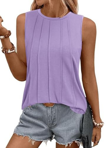 Totatuit Tank Top Damen Sommer Ärmellose T Shirt Rundhals Elegant Oberteile Basic Top U-Ausschnitt Lässige Camisole Ruched Oberteile Damen Lila M