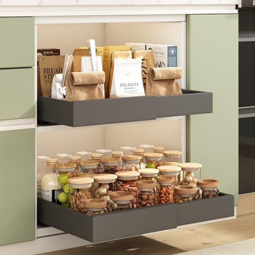 Mointal Küchen Teleskopschublade mit Kleber, Ausziehbarer Schrank Organizer, Breite Einstellbar (31-52cm), Aufbewahrung Schubladen Organizer für Haus/Küche/Badezimmer/Wohnzimmer, Schwarz