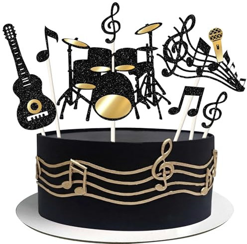 Xsstarmi 8 Pack Music Theme Cake Topper Glitter Guitar Drums Musical Symbols Cake Pick Art Mucis Note Musician Cake Decorations for Music Theme Birthday Wedding Anniversary Party Cake Supplies