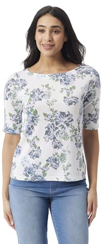 Gloria Vanderbilt Womens Alanis Boat Neck Knit Tee Shirt with Elbow Sleeves Standard, Multi White- Oleander Garden, XL
