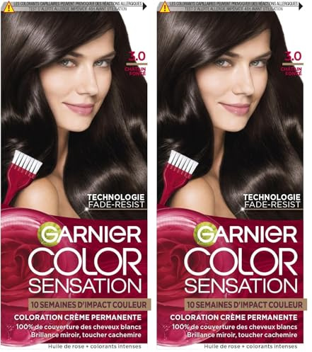 Garnier Color Sensation Coloration – Dunkelbraun 3.0 – permanente Creme-Färbung – für alle Haartypen – Farbe bis zu 10 Wochen & deckt weißes Haar 100% ab (Packung mit 2)
