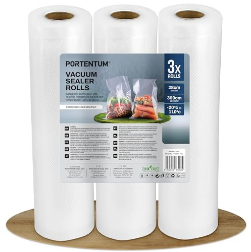 PORTENTUM Sacs sous Vide Alimentaire 3 Rouleaux 28 cm x 300 cm (9 m). Rouleau Sous Vide Alimentaire pour la Conservation des Aliments et la Cuisson, sans BPA