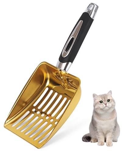 Yukaiwn Stainless Steel Cat Litter Scoop, Sturdy Mesh Scooper Durable Litter Pet Shovel Large Holes Slot Pet Litter Shovel Litter Box Sifter with Handle for Cat Litter Box (Golden style)