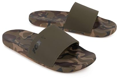 Fox Sliders Size 12 | Carp Fishing Summer Sliders | Khaki/Camo Colour | Ideal for Wearing Around Shelter in Warm Weather | Fox Camo Print | Synthetic Upper and Sole | Code CFW239