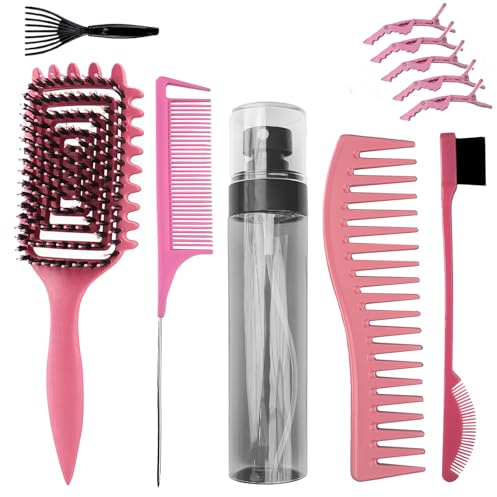 Juego de 7 cepillos para el pelo rizado, cepillo rizado para rizar el pelo, botella pulverizadora, cepillo de masaje, cepillo doble y pinzas para el pelo (rosa)
