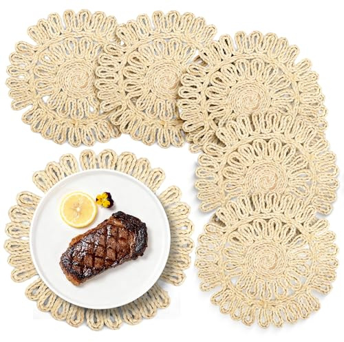 Komforbaa Set Tavoli Rotondi 6 Pezzi, Copripiatto Intrecciato con Disegno di Girasoli, Resistente al Calore per Decorazione Naturale di Tavolo Cucina, Lavabile Antiscivolo, Beige