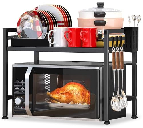 KALBIGRO Mensola Microonde, Scaffale da Cucina Estensibile, Supporto Microonde Salvaspazio, Ripiano per Microonde con 6 Ganci 1 Porta Utensili da Cucina, Mobiletto Cucina Microonde Nero