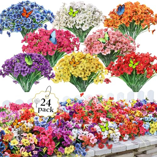 24 Bundles Artificial Flowers for Outdoor,UV Resistant No Fade Fake Plastic Faux Silk Flowers and 8 Pcs Butterflies for Indoor Outside Garden Porch Window Hanging Planters Decoration(8 Mix Color)