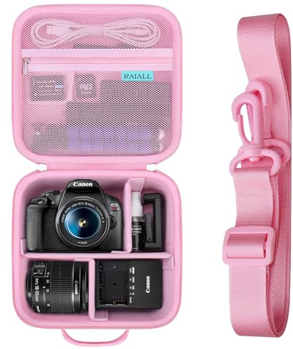 RAIALL Case for Canon EOS 2000D/4000D/R50/R100/R10/R8/R7 DSLR Camera, Pink | for 1300D/250D/R50V/R5/R6 Mark II/RP/T6/Alpha 6400, Lens Tripod Batteries, Hard Travel Bag with Shoulder Strap and 3 Dividers