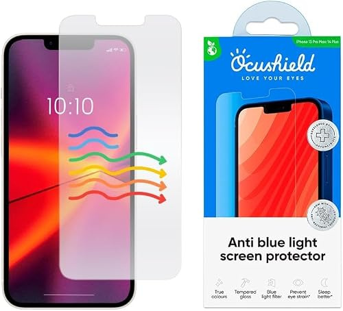 Ocushield Blue Light Screen Protector for iPhone 13 Pro Max | 14 Plus | Fits 6.7 inch display. 9H tempered glass blocks UV & blue light. Designed by UK optometrists.