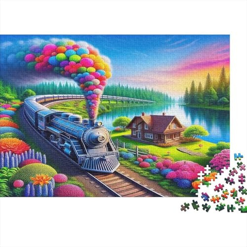 Bunter Dampfzug 1000 Teile Puzzle für Erwachsene Papier am See Landhaus Stil Entspannung Konzentration Familien Geschenk 70x50cm/1000pcs