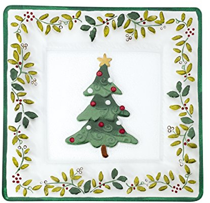 Pfaltzgraff Winterberry - Piatto quadrato in vetro dipinto a mano per albero di Natale