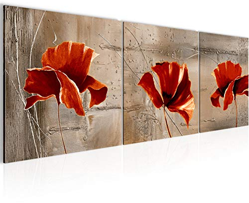 Runa Art - Bilder Blumen Mohnblumen 120 x 40 cm 3 Teilig Wandbild auf Vlies Leinwand Rot Beige Mehrteilig Modern 201133b