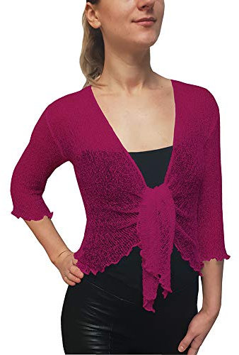 Damen Große Größen Crochet Strecken Fisch-Netz Boleroshrug Mutterschaft Krawatte an der Taille Cardigan (One Size, Magenta)