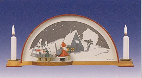 Rudolphs Schatzkiste Schwibbogen Waldhaus mit Weihachtsmann und EL. Hintergrundbeleuchtung BxH 33x14cm NEU Lichterbogen Fensterbogen Spitzbogen Erzgebirge Weihnachten Bergbau Bergmann Licht Holz