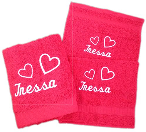 Handtuch Geschenkset 3 teilig Herzen mit Namen bestickt Waschlappen Duschtuch