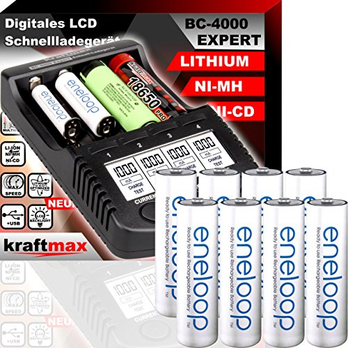 Original BC-4000 EXPERT Ladegerät + 8 Panasonic Eneloop Mignon AA Akkus - Set mit Ladestation und Akku Batterien in kraftmax Premium Akkubox