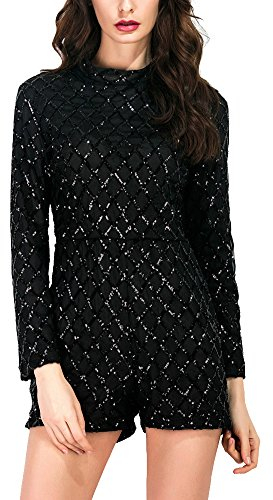 Eleganter Damen Pailletten Jumpsuit Kurz Hosen Rundhals Ausschnitt Langarm Frauen Overall Party Abendmode Schwarz L