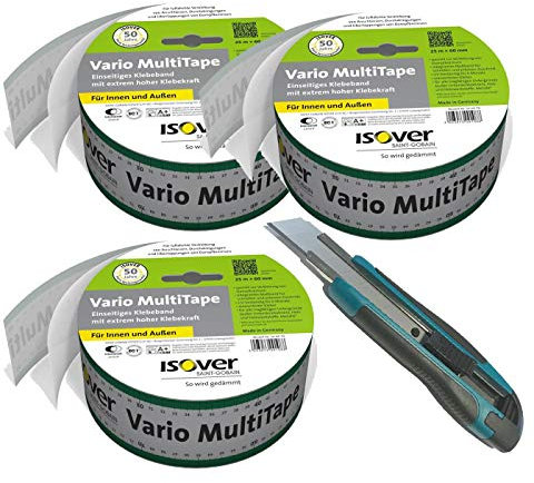 Gardopia Sparpaket - 3 x ISOVER Vario MultiTape Klebeband 60mm/25m plus 1 x Nespoli soft touch Cutter 18 mm inkl. 3 Klingen