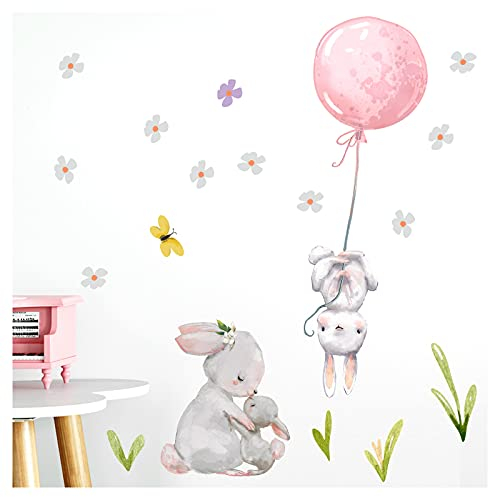 Little Deco Wandtattoo Babyzimmer Hasen mit Ballon Rosa I M - 103 x 103 cm (BxH) I Blumen Kinderbilder Deko Kinderzimmer Mädchen Aufkleber Sticker DL238